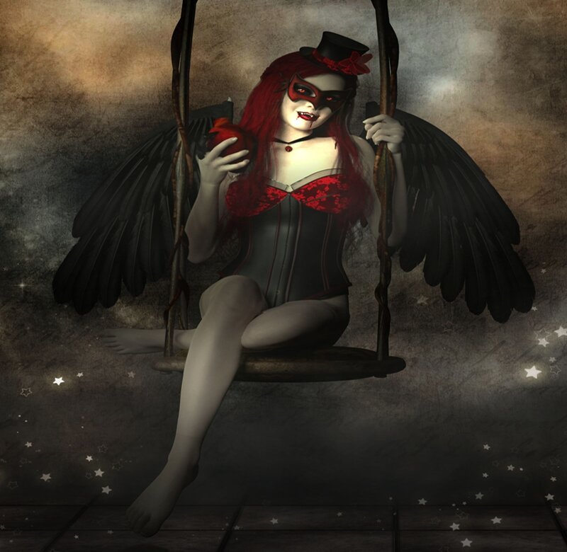 Woman with Black Wings — Dramatic, Night, Digital Art, Mask