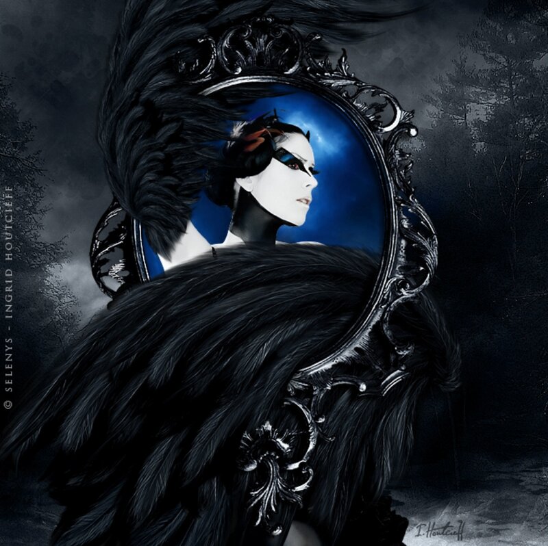 Woman with Black Wings — Dramatic, Night, Digital Art, Mirror