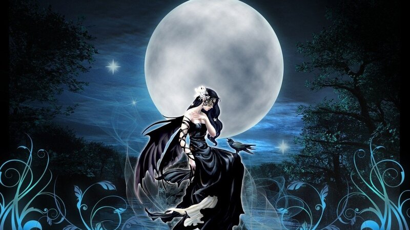 Woman with Black Wings — Dramatic, Night, Digital Art, Moon, Crow