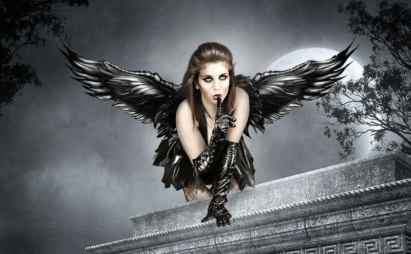 Woman with Black Wings — Dramatic, Night, Digital Art, Moon, Stone Wall