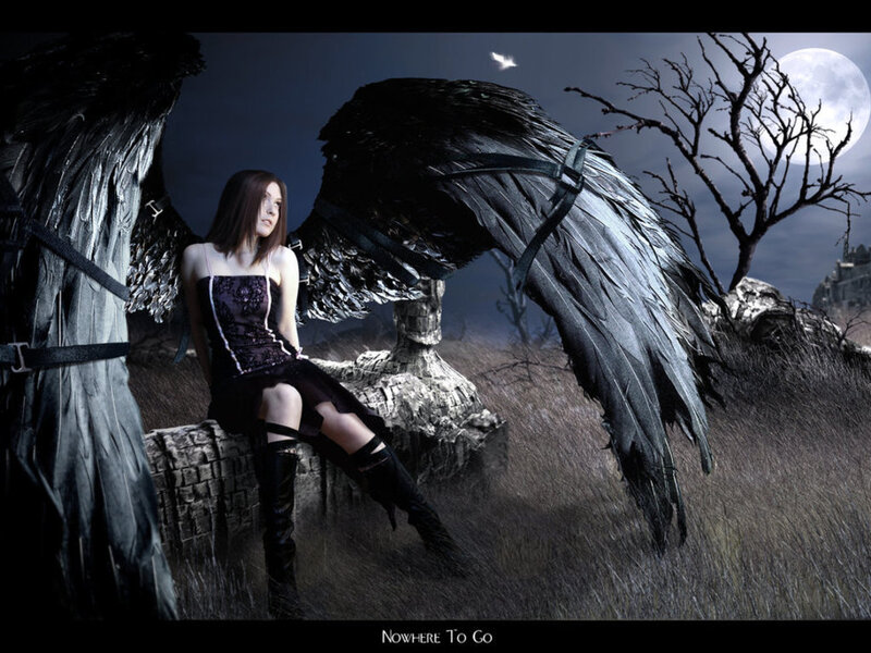 Woman with Black Wings — Dramatic, Night, Digital Art, Moon, Tree, Castle