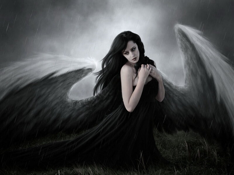 Woman with Black Wings — Dramatic, Night, Digital Art, Rain