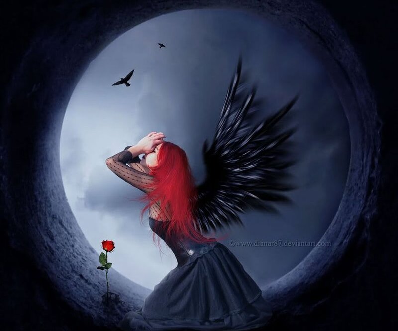 Woman with Black Wings — Dramatic, Night, Digital Art, Red Hair
