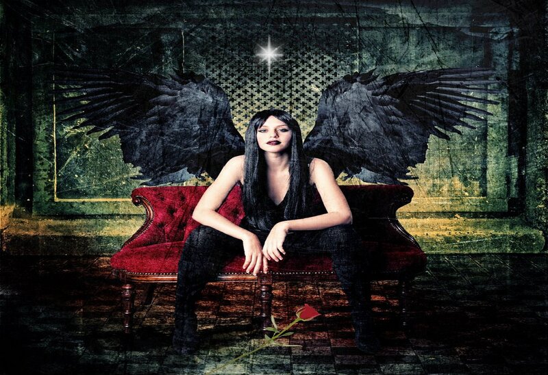 Woman with Black Wings — Dramatic, Night, Digital Art, Red Rose