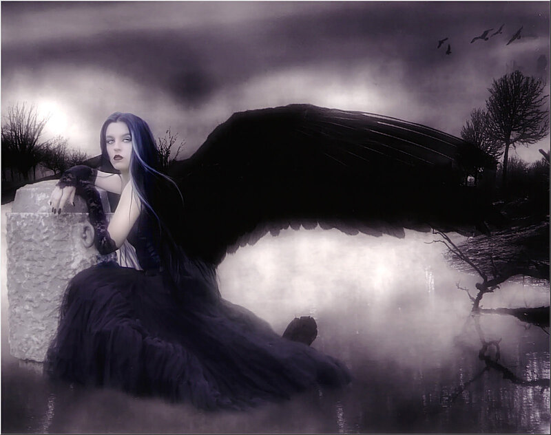 Woman with Black Wings — Dramatic, Night, Digital Art, River