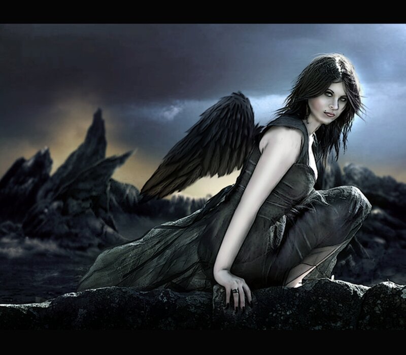 Woman with Black Wings — Dramatic, Night, Digital Art, Rocks