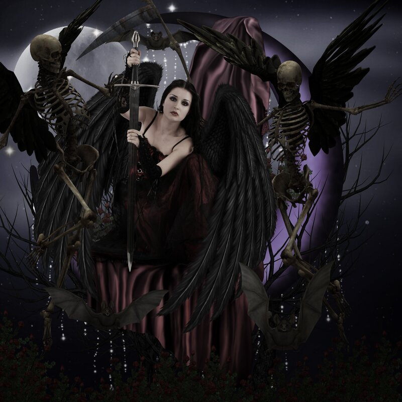 Woman with Black Wings — Dramatic, Night, Digital Art, Skeletons