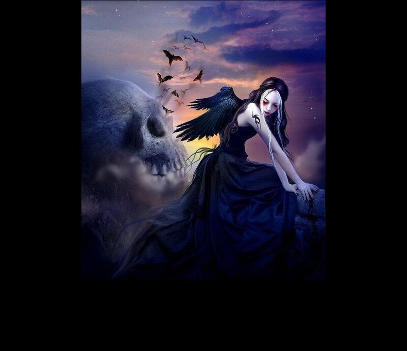 Woman with Black Wings — Dramatic, Night, Digital Art, Skull