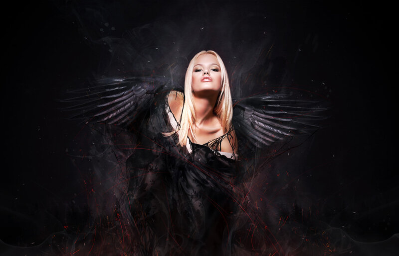 Woman with Black Wings — Dramatic, Night, Digital Art, Smoke