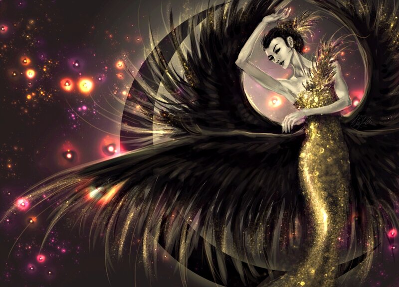 Woman with Black Wings — Dramatic, Night, Digital Art, Sparkles