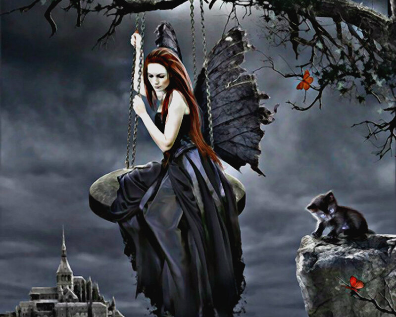 Woman with Black Wings — Dramatic, Night, Digital Art, Swing