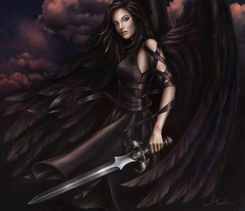 Woman with Black Wings — Dramatic, Night, Digital Art, Sword