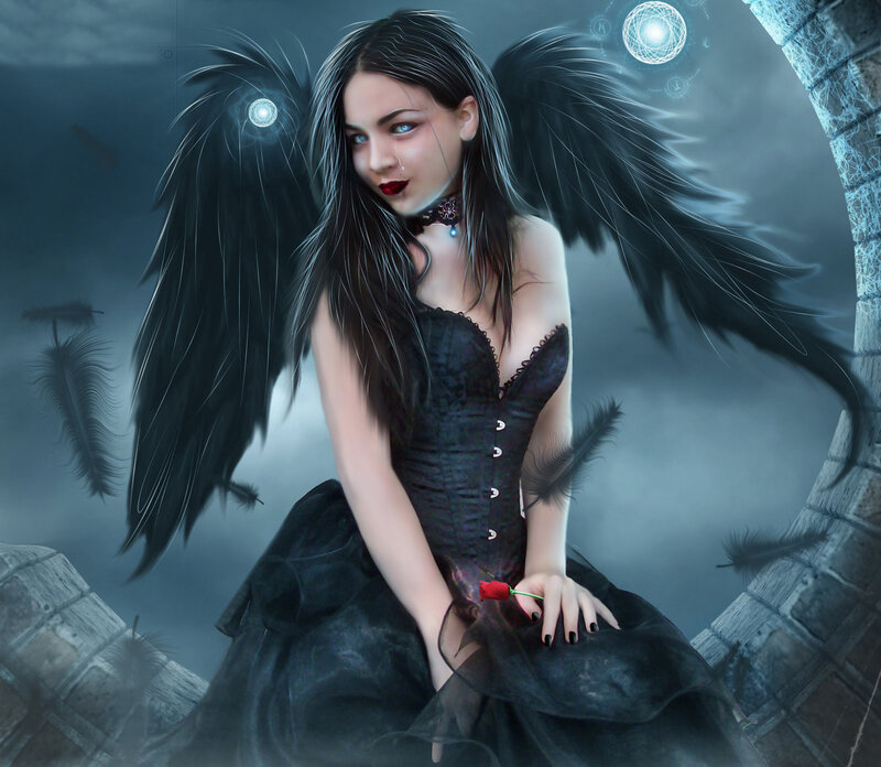 Woman with Black Wings — Dramatic, Night, Digital Art