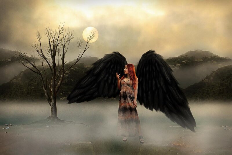 Woman with Black Wings — Dramatic, Night, Digital Art, Tree