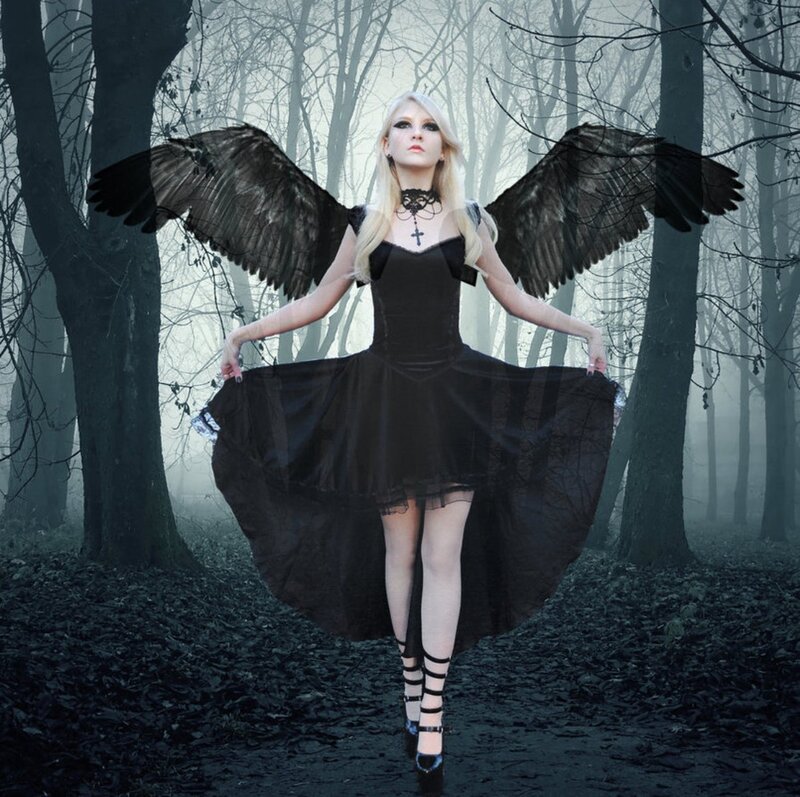 Woman with Black Wings — Dramatic, Night, Photograph, Forest