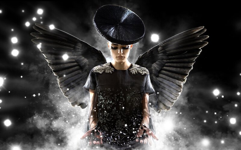 Woman with Black Wings — Dramatic, Night, Photograph, Hat