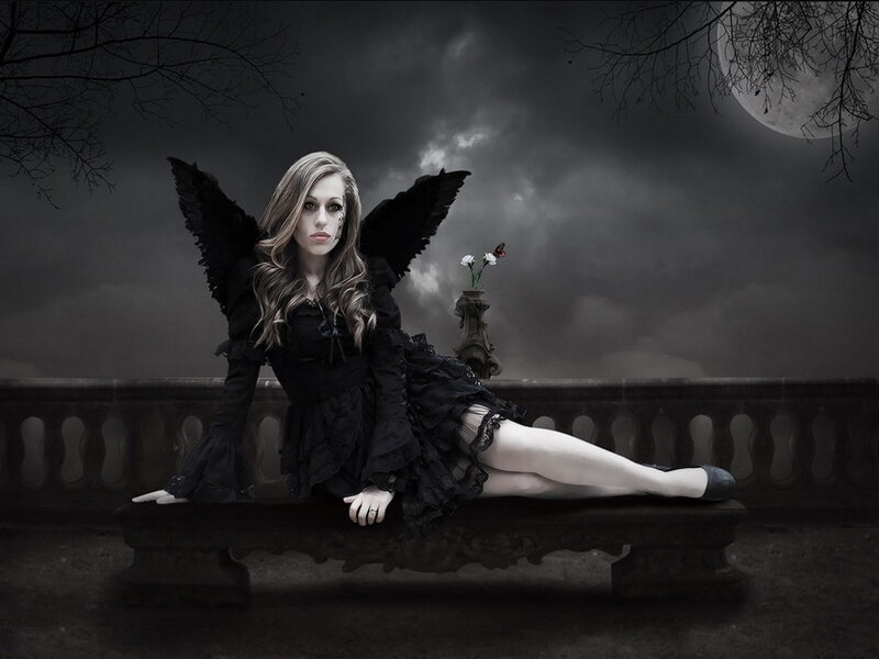 Woman with Black Wings — Dramatic, Night, Photograph, Moon