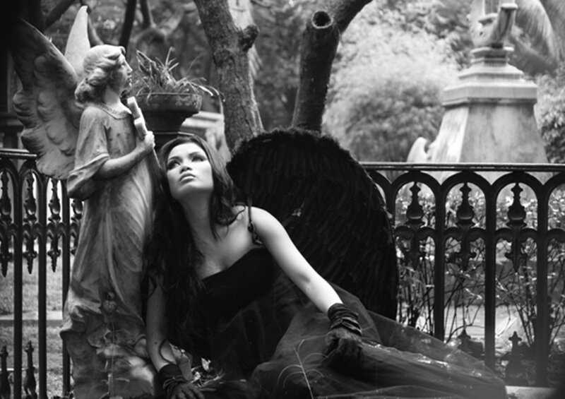 Woman with Black Wings — Dramatic, Photograph, Angel Statue