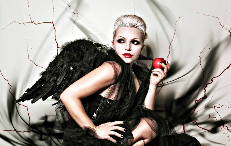 Woman with Black Wings — Dramatic, Photograph, Red Apple