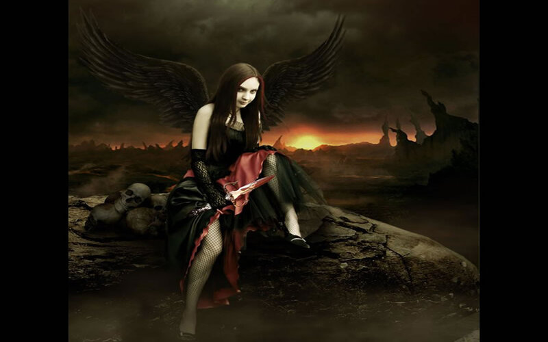 Woman with Black Wings — Dramatic, Sunset, Digital Art, Skulls