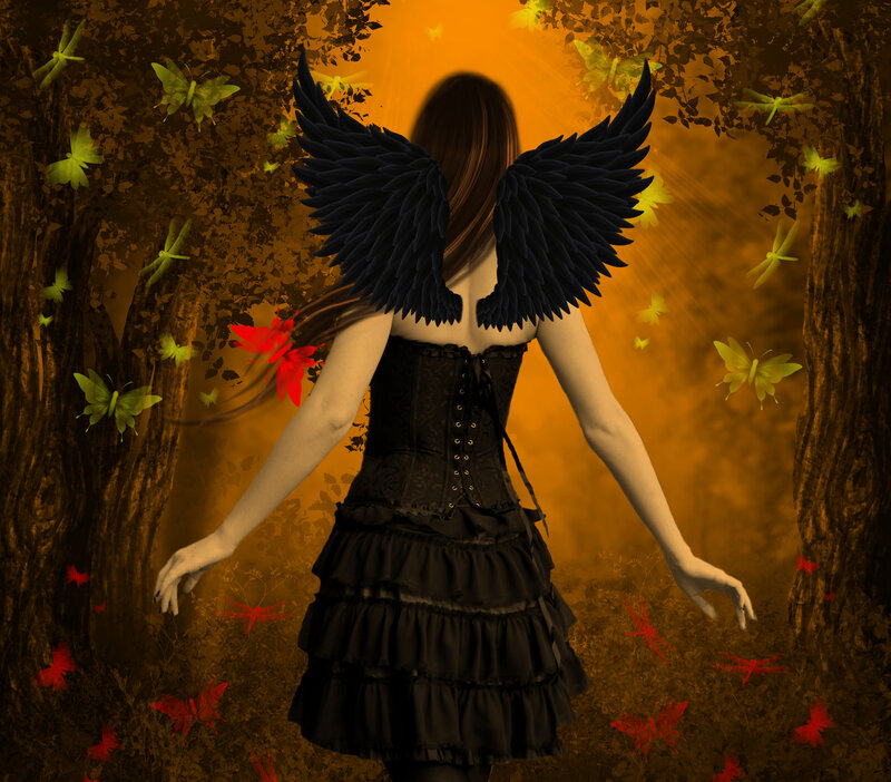 Woman with Black Wings — Dramatic, Sunset, Digital Art