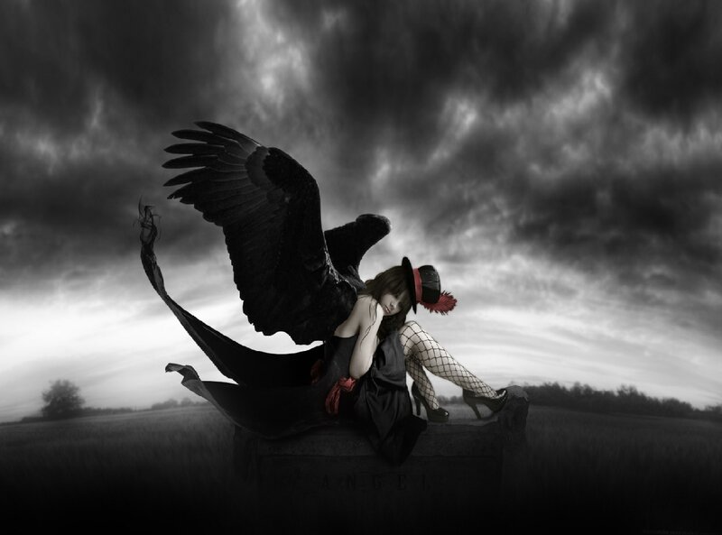 Woman with Black Wings — Dramatic, Sunset, Digital Art, Top Hat