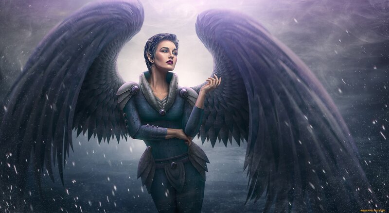 Woman with Black Wings — Dramatic, Winter, Digital Art, Armor