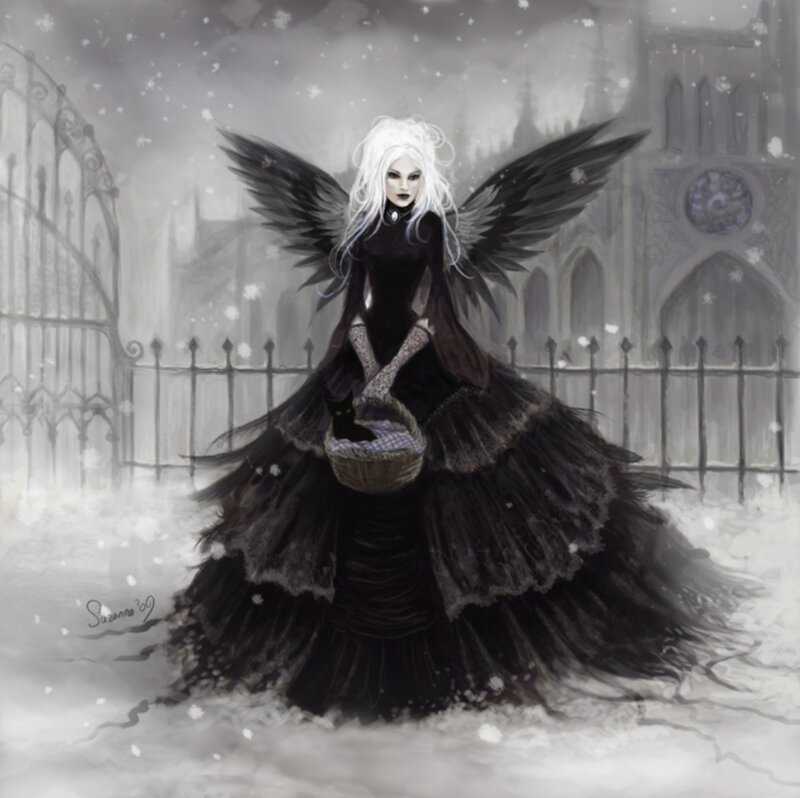 Woman with Black Wings — Dramatic, Winter, Digital Art, Cat