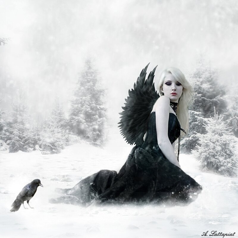 Woman with Black Wings — Dramatic, Winter, Digital Art, Crow