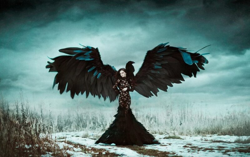 Woman with Black Wings — Dramatic, Winter, Digital Art, Snow, Field