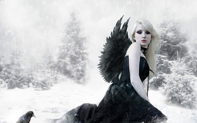 Woman with Black Wings — Dramatic, Winter, Digital Art, Snow, Trees