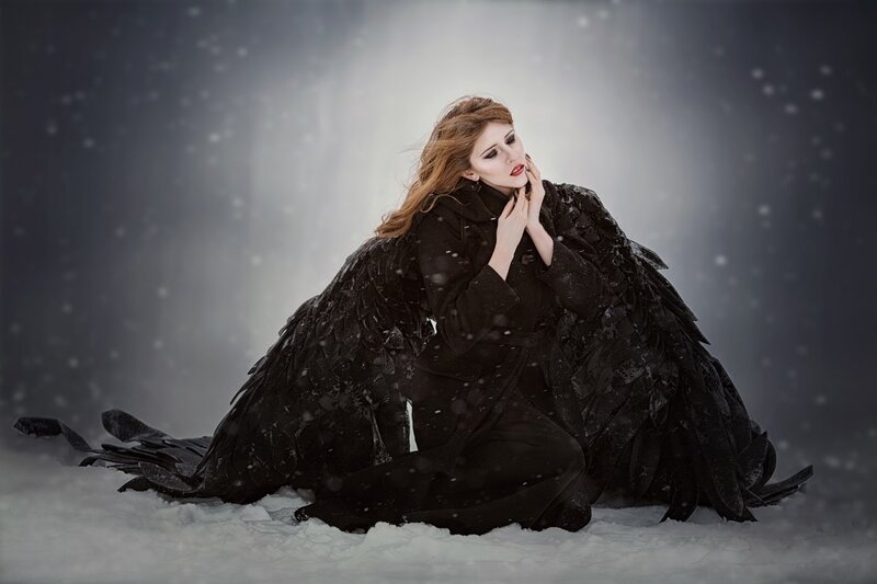 Woman with Black Wings — Dramatic, Winter, Photograph