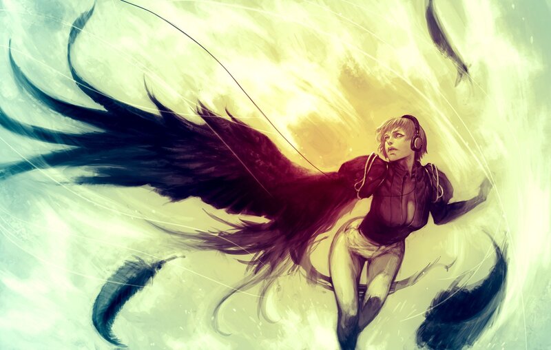 woman with black wings flying