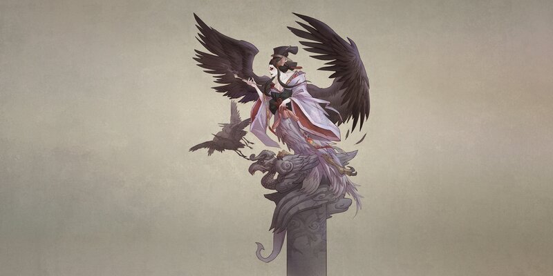 Woman with Black Wings — Gray, Dramatic, Digital Art, Bird