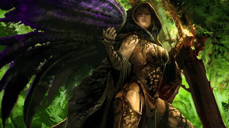 Woman with Black Wings — Green, Dramatic, Digital Art