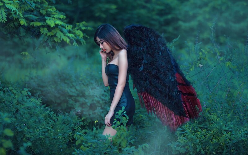 Woman with Black Wings — Green, Dramatic, Photograph