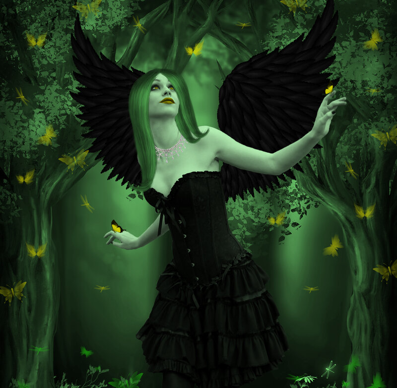 Woman with Black Wings — Green, Mystical