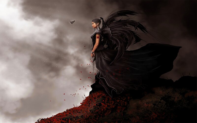 woman with black wings on cliff