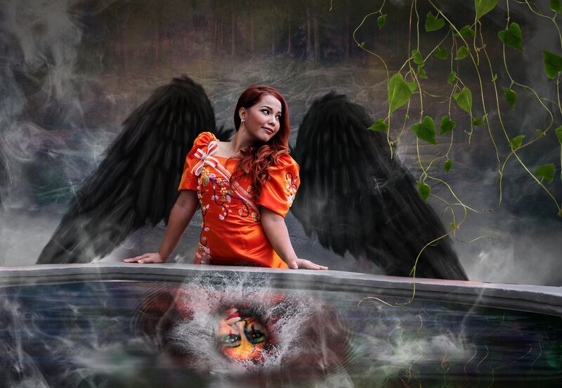 Woman with Black Wings — Orange, Dramatic