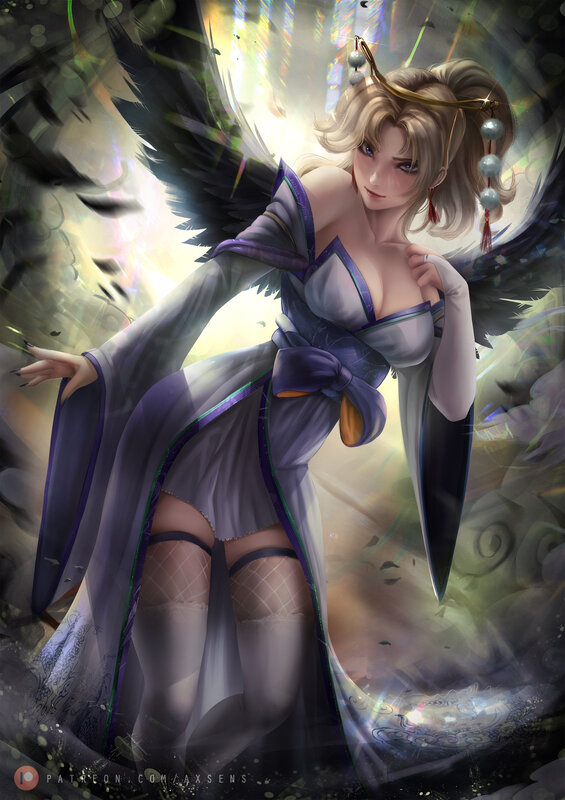 Woman with Black Wings — Purple, Dramatic, Digital Art, Dress