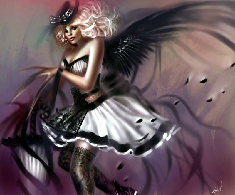 Woman with Black Wings — Purple, Dramatic, Digital Art, Hat