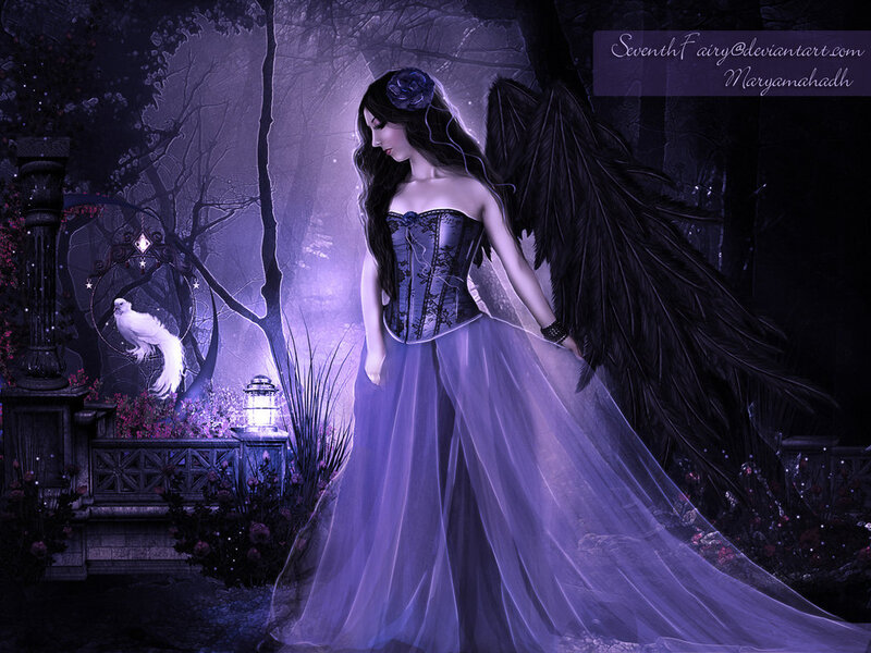 Woman with Black Wings — Purple, Dramatic, Night, Digital Art, Black Wings