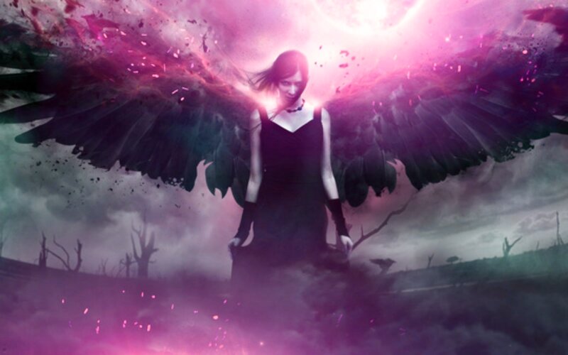 Woman with Black Wings — Purple, Dramatic, Night, Digital Art, Dark Sky