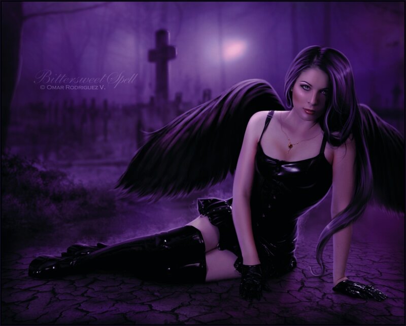 Woman with Black Wings — Purple, Dramatic, Night, Digital Art, Graveyard, Cross