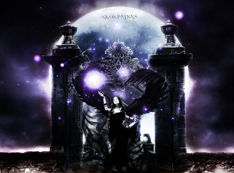 Woman with Black Wings — Purple, Dramatic, Night, Digital Art, Moon, Castle Gate