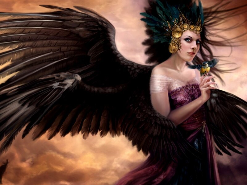 Woman with Black Wings — Purple, Dramatic, Sunset, Digital Art