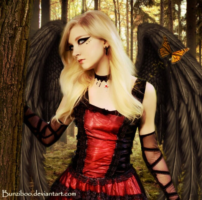 Woman with Black Wings — Red, Dramatic, Afternoon