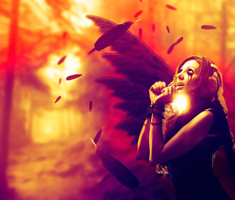 Woman with Black Wings — Red, Dramatic, Digital Art, Feathers