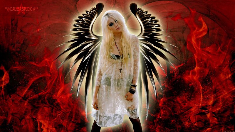 Woman with Black Wings — Red, Dramatic, Digital Art, Flames