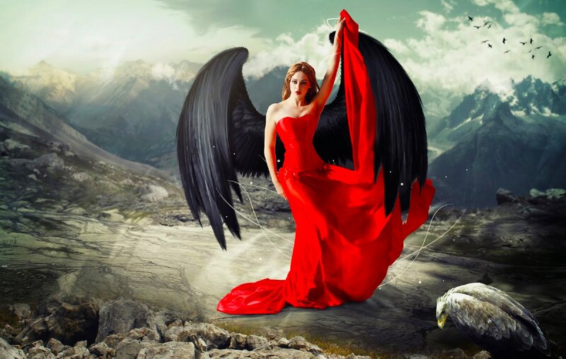 Woman with Black Wings — Red, Dramatic, Digital Art, Mountains, Eagle